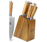 HOSHANHO Damascus Kitchen Knife Set with Block, 7 Pieces Professional 10Cr15CoMoV Damascus Super Steel Cooking Knife Set with Ergonomic Handle