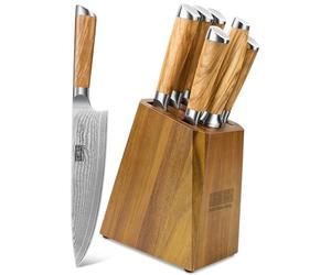 HOSHANHO Damascus Kitchen Knife Set with Block, 7 Pieces Professional 10Cr15CoMoV Damascus Super Steel Cooking Knife Set with Ergonomic Handle