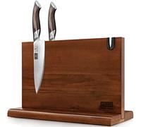 HOSHANHO Magnetic Knife Block 14 x 10 Inches, Double Sided Magnetic Knife Holder Rack for Kitchen Counter, Acacia Wood Magnetic Knife Storage Stand with Knife Sharpener