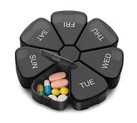 Hoshen 7 Days Portable Pill Box, Sealed Round Plastic Box, Seven Compartment Petal Pill Box，Black