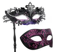 Hoshin Masquerade Mask for Couple, Mardi Gras Deecorations Venetian Masks with Stick for Womens(Dark Purple & Black)