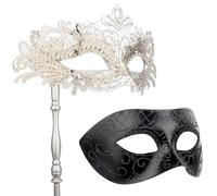 Hoshin Masquerade Mask for Couple, Mardi Gras Deecorations Venetian Masks with Stick for Womens(White+Black)