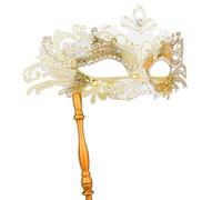 Hoshin Masquerade Mask with Stick, Mardi Gras Deecorations Venetian Masks for Womens (White with Gold Line)