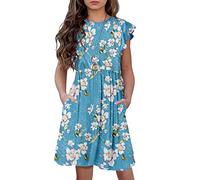 HOSIKA Girls Floral Dress Boho Ruffle Sleeve Pleated Casual Swing Dresses with Pockets for Kids 6-12 Years, Light Blue, 6 Years