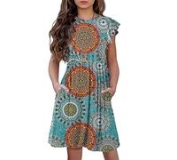 HOSIKA Girls Floral Dress Boho Ruffle Sleeve Pleated Casual Swing Dresses with Pockets for Kids 6-12 Years, Blue, 10 Years
