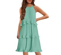 HOSIKA Girls Halter Dress Summer Sleeveless Ruffle Tiered Layered Chiffon Pleated A-Line Swing Midi Dress for 6-12 Years, light green, 12 Years