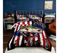HOSIMA Big Pike Fishing Comforter Set,Bass Fish American Flag Pattern Hunting and Fishing Bed Set Queen Size for Boys Room Decor, Bed in a Bag for Teens with 2 Pillowcases.
