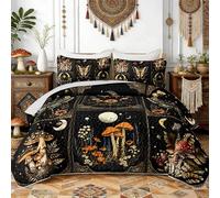 HOSIMA Boho Butterfly Mushroom Patchwork Quilt Queen with 2 Pillowcases. | Bohemia Quilt Set,Lightweight Mushrooms Flowers Pattern Summer Bedding,Sun and Moon Boho Floral Bedding for Adult Room Decor