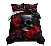 HOSIMA Death Skull Heads Comforter Gothic Bedding Sets,Horror Theme Halloween Bedding Comforter Sets for Teen Girls Boys Room Decor,Red Rose Floral Comforter King Size Bed with 2 Pillowcases.