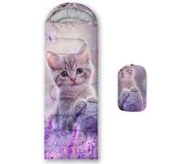 HOSIMA Kawaii Sleeping Bag for Kids Girls Cat Rolling a String Ball in Lavender Bush Surrounded by Butterflies, Ultralight Waterproof Sleeping Bag and Camping Bedding