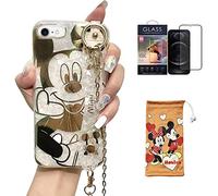 Hosiss Cartoon Case for iPhone 7/8/SE 4.7" with HD Screen Protector, Mickey Mouse with Wrist Strap Kickstand Metal Chain Strap Soft TPU Shockproof Protective for Girls Women