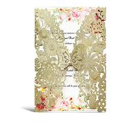 Hosmsua 20 x Blank Champagne Gold Glitter Laser Cut Wedding Invitation Cards with Butterfly Lace Flora and Envelopes for Quinceanera Bridal Shower Engagement Birthday Wedding Invitations (Pack of 20)