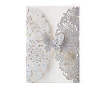 Hosmsua 5.12 x 7.3'' 50PCS Silver Laser Cut Butterfly Quinceanera Invitation Cards Lace Flora Weddding Invitations with Envelopes for Quinceañera Wedding Bridal Shower Invite (Silver Glitter)
