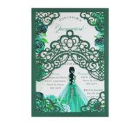 Hosmsua 50PCS Blank Emerald Green Crown Quinceanera Invitations with Envelopes, 5.1x7.3 Inch Laser Cut Floral Pocket Invitation Cards for Quinceanera Birthday Quince Anos Invite