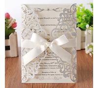 Hosmsua 50PCS Blank Laser Cut Lace Flora Wedding Invitation Cards with Bowknot Ribbon for Bridal Shower Engagement Birthday Graduation invites (Sliver Glitter)