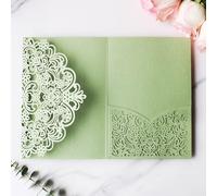 Hosmsua 50PCS Sage Green Wedding Invitation Pocket with Envelopes, 5.12 x 7.2 Trifold Laser Cut Lace Flora Invitations for Quinceanera Sweet 16 Quince Invitation (No Inner Sheet)