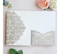 Hosmsua 50PCS Silver Glitter Laser Cut Wedding Invitation Pocket, 5.12 x 7.2 Tri-fold Laser Cut Flora Invitation Pockets with Envelopes for Wedding Bridal Shower Quince Invite (No Inner Sheet)