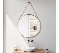 Hosoncovy 30CM Wall Mirror with Strap Round Makeup Wall Hanging Mirror for Living Room Bedroom Bathroom Wall Decoration (Gold)