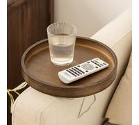 Hosoncovy Bamboo Wooden Sofa Arm Tray with Clip, Chair Coach Armrest Table Organizer (Round - Brown)