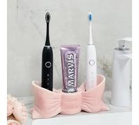 Hosoncovy Bow Ceramic Electric Toothbrush Stand Holder Mount Countertop Toothbrush and Toothpaste Holder for Bathroom (Pink)