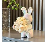 Hosoncovy Ceramic Rabbit Sculpture Ornament Holding Flower Rabbit Statue Figure Decor Home Decoration Room Decor Rabbit Vase for Living Room, Office Desktop, Shelf (Colorful White)