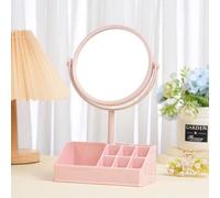 Hosoncovy Double Sided Magnify Desktop Mirror with Stand Tabletop Round Makeup Mirror with Storage Box (Pink)