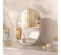 Hosoncovy Free Standing Desktop Mirror with Stand,Large Dressing Table Tabletop Metal Frame Cosmetic Vanity Makeup Oval Wall Hanging Mirror Full Length for Bathroom Bedroom Living Room (Silver)