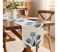 Hosoncovy Linen Table Runner 183cm Long ,Decorative Tulip Flower Dining Table Mat Placemat for Holiday Parties and Everyday Use (Blue)