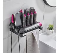 Hosoncovy Metal Wall Mount Holder Organizer Stand Storage Rack with Towel Holder Tabletop Organizer for Dyson Airwrap Styler and Brushes (Black)