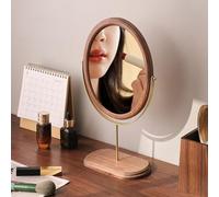 Hosoncovy Wooden Desktop Mirror with Stand, Oval Base, Tabletop Mirror, 34L x 12W cm, Gold-Light Brown