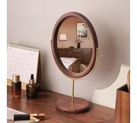 Hosoncovy Wooden Desktop Mirror with Stand Vanity Mirror Makeup Mirror Round Base Tabletop Mirror with Stand Oval Free Standing Bathroom Mirror (Gold-Dark Brown)