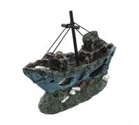 Hosrivae Resin Warship Aquarium Decoration, Creative Fish Tank Ornament Landscaping, Safe Decor with Swimming Chambers Small Fish and Shrimp, Green(broken ship)