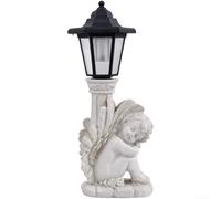 Hosrivae Solar Powered Statue with Roman Column, Resin Garden Ornament Light Outdoor Patio Yard Memorial Decor, Grey Antique Finish(Right knee)
