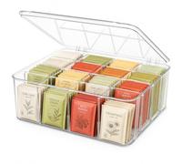 Hossejoy Clear Stackable Tea Bag Organizer with Hinged Lid - 16 Grid Storage for Tea, Coffee, Sugar Packets, Perfect for Kitchen Countertop, Pantry & Office