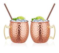 Hossejoy Moscow Mule Copper Mugs, Set of 2, 100% Handcrafted Pure Solid Copper, 18.65 oz, Food Safe, Cocktail Cups with 2 Straws