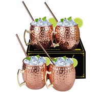Hossejoy Set of 4 Copper Mugs with Straw Handmade Pure Copper Cocktail Drinking Mug Kitchen Cup for Dining & Entertaining, Great for Gift