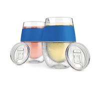 Host Cooling Cup, Set of 2 Plastic Double Wall Insulated Freezable Drink Chilling Tumbler with Freezing Gel, Glasses for Red and White Wine, 8.5 oz (250ml), Blue with Lid (10873)