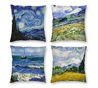 HOSTECCO Abstract Pillow Covers Pack of 4 Square Decorative Blue Cushion Covers for Sofa Couch Home Car Van Gogh Painting 45x45 cm