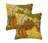 HOSTECCO Autumn Pumpkin Cushion Covers 45x45 cm Set of 2 Beige and Green Fall Cushion Cases Harvest Floral Decorative Pillow Covers for Sofa Couch