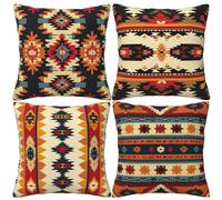 HOSTECCO Aztec Cushion Covers 45x45 cm Set of 4 Southwestern Boho Tribal Cushion Cases Ethnic Geometric Patterned Decorative Pillow Covers for Sofa Couch Office Car