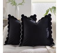 HOSTECCO Black Scallop Edge Velvet Cushion Covers 45x45cm, Set of 2 Soft Decorative Scatter Cushion Cases with White Trim, Luxury Modern Accent Pillow Covers for Sofa Couch Home Decor