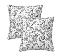 HOSTECCO Black Toile Floral Cushion Covers 45x45 cm Set of 2 Bird Patterned Botanical Cushion Cases Wildflower Farmhouse Decorative Pillow Covers for Sofa Couch
