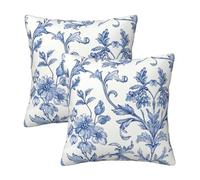 HOSTECCO Blue Toile Cushion Covers 45x45 cm Set of 2 Chinoiserie Floral Cushion Cases Victorian Flowers Velvet Decorative Pillow Covers for Sofa Couch