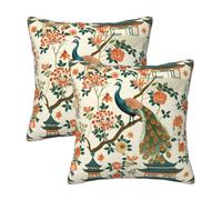 HOSTECCO Chinese Peacock Cushion Covers 45x45 cm Set of 2 Chinoiserie Floral Cushion Cases Flowers Decorative Pillow Covers for Sofa Couch
