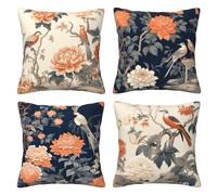 HOSTECCO Chinoiserie Cushion Covers 45x45 cm Set of 4 Peony Floral Cushion Cases Bird Flower Decorative Pillow Covers for Sofa Couch