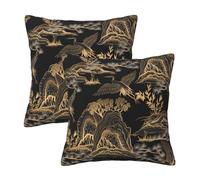 HOSTECCO Chinoiserie Landscape Cushion Covers 45x45 cm Set of 2 Gold Mountain Trees Cushion Cases Japanese Decorative Pillow Covers for Sofa Couch