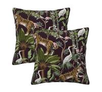 HOSTECCO Chinoiserie Tigers Cushion Covers 50x50 cm Set of 2 Tropical Jungle Cushion Cases Herons Flower Decorative Pillow Covers for Sofa Couch