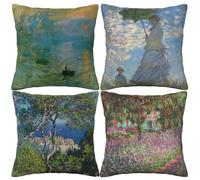 HOSTECCO Claude Monet Pillow Cases Set of 4 Impressionist Throw Pillow Covers Art Design Square Decorative Cushion Covers for Famous Painting Fans 16 x 16 Inches/40x40 cm