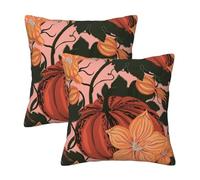 HOSTECCO Fall Pumpkin Cushion Covers 45x45 cm Set of 2 Autumn Floral Cushion Cases Pink and Orange Decorative Pillow Covers for Sofa Couch