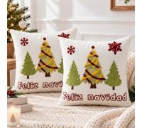HOSTECCO Feliz Navidad Embroidered Cushion Covers 45x45 cm Pack of 2 | Tufted Trees Cushion Cases, Festive Winter Decorative Cushions for Sofa Bed Settee Living Room Conservatory, No Inserts